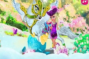 Büyülü bir ormanda, pembe saçlı bir kız mor elbise giyiyor ve kanatlı bir atla birlikte duruyor