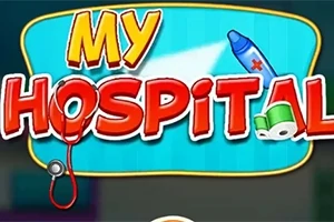 Mavi arka plan üzerinde My Hospital yazısı ve bir stetoskop ile sağlık temalı simgeler