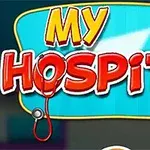 Mavi arka plan üzerinde My Hospital yazısı ve bir stetoskop ile sağlık temalı simgeler