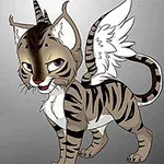 Kahverengi-beyaz çizgili, kanatlı ve boynuzlu fantastik bir kedi karakteri