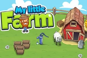 Yeşil bir arazi üzerinde kırmızı ahır, koyun, su pompası, boş tarım kutuları ve My little Farm yazısı