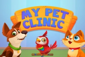 Köpek, kedi ve papağanın yer aldığı, üzerinde My Pet Clinic yazılı tabelalı çizgi karakterler