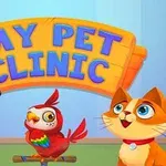 Köpek, kedi ve papağanın yer aldığı, üzerinde My Pet Clinic yazılı tabelalı çizgi karakterler