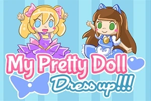 İki sevimli karakter, renkli elbiseler giyerek mutlu bir şekilde dans ediyor; My Pretty Doll Dress up başlığı pastel tonlarda yazılmış