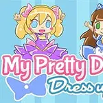 İki sevimli karakter, renkli elbiseler giyerek mutlu bir şekilde dans ediyor; My Pretty Doll Dress up başlığı pastel tonlarda yazılmış