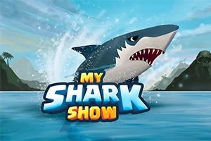 Bir köpekbalığı suyun içinden sıçrarken, ön planda My Shark Show yazısı bulunuyor