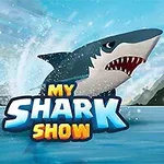 Bir köpekbalığı suyun içinden sıçrarken, ön planda My Shark Show yazısı bulunuyor