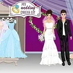 Düğün elbiseleriyle dolu bir gardırop ve gelinle damat figürleri