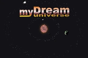 Kara bir arka plan üzerinde myDream universe yazısı ile birlikte, ortasında yuvarlak bir cisim ve çevresinde gezegenlerle dolanan halkalar