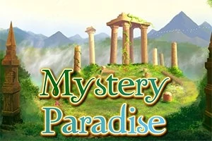 Gizemli sütunların ve yeşilliklerle çevrili antik bir kalıntının önünde Mystery Paradise metni