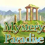 Gizemli sütunların ve yeşilliklerle çevrili antik bir kalıntının önünde Mystery Paradise metni