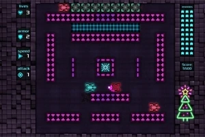 Neon renkli piksel labirentte hareket eden tanklar ve sol tarafta istatistikler ile sağda puan ve neon çam ağacı göstergesi