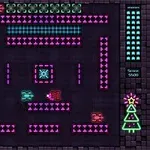 Neon renkli piksel labirentte hareket eden tanklar ve sol tarafta istatistikler ile sağda puan ve neon çam ağacı göstergesi
