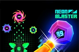 Neon renklerde tasarlanmış geometrik şekiller ve sayılarla çevrili bir lazer blaster görüntüsü