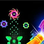Neon renklerde tasarlanmış geometrik şekiller ve sayılarla çevrili bir lazer blaster görüntüsü