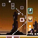 Endüstriyel silüetler önünde bir ekranda geometrik şekiller ve sayıların bulunduğu retro tarzda bir arka plan