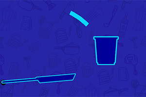 Mavi arka planda kontürlerle çizilmiş bir tava, plastik bardak ve küçük bir dikdörtgen parçası
