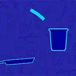 Mavi arka planda kontürlerle çizilmiş bir tava, plastik bardak ve küçük bir dikdörtgen parçası