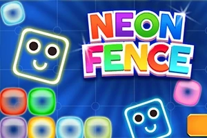 Renkli, gülümseyen yüzler içeren neon kare bloklar ve Neon Fence başlıklı yazı