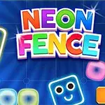 Renkli, gülümseyen yüzler içeren neon kare bloklar ve Neon Fence başlıklı yazı