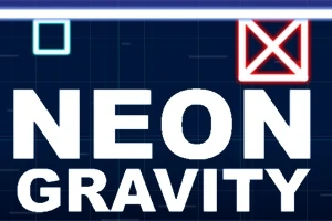 Mavi arka plan üzerinde NEON GRAVITY yazısı, bir mavi kare ve bir kırmızı çarpılı kare