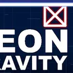 Mavi arka plan üzerinde NEON GRAVITY yazısı, bir mavi kare ve bir kırmızı çarpılı kare