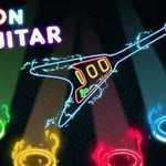 Neon ışıklarla oluşturulmuş bir gitar ve dört farklı renkte (yeşil, turuncu, kırmızı, mavi) dairesel figür