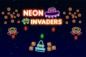 Karanlık bir arka planda, neon renklerle tasarlanmış uzay gemileri, uzaylılar ve geometrik şekiller
