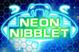 Neon mavi ve yeşil renklerde, arka planda altıgen desenli bir uzay temalı görüntüde Neon Nibblet yazısı