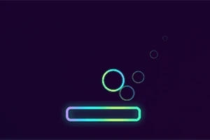 Koyu arka plan üzerinde neon renkli yatay çubuk ve yukarı doğru sıralanmış farklı boyutlarda daireler