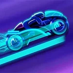 Neon mavi ve mor tonlarında futuristik bir motosikletin yan profilde tasviri
