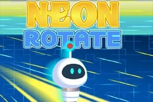 Neon renkli arka planda, üstte büyük harflerle NEON ROTATE yazısı ve altta sevimli bir robot karakteri