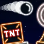 Siyah arka plan üzerinde neon tarzında daireler, TNT kutusu ve hareket halinde bir top