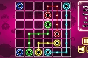 Neon renkli dairelerin ve yolların bulunduğu kareli bir bulmaca tahtası