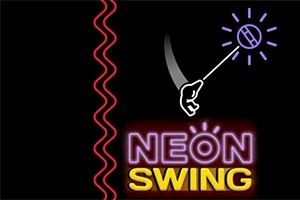 Neon ışıklarla yazılmış Neon Swing yazısı ve parlayan bir topa doğru uzanan bir el