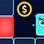 Bitişik mavi ve kırmızı karelerin yanında yanıp sönen bir dolar simgesi ve göz kırpan yüz ifadesine sahip parlak bir mavi kare