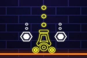 Neon tarzında robot şekli ile üstte yuvarlak ve altıgen şekillerin bulunduğu bir görüntü