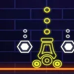 Neon tarzında robot şekli ile üstte yuvarlak ve altıgen şekillerin bulunduğu bir görüntü