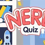 NERD Quiz metni, kitaplar, roket ve retro oyun konsolu simgeleriyle çevrili renkli bir grafik