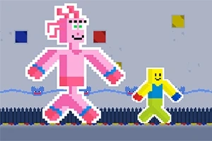 Pikselli pembe ve sarı karakterlerin renkli arka plan üzerinde yürüdüğü retro tarzda bir görüntü