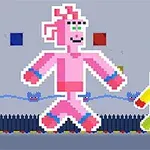 Pikselli pembe ve sarı karakterlerin renkli arka plan üzerinde yürüdüğü retro tarzda bir görüntü
