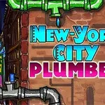 Tuğla duvar önünde renkli borular ve büyük harflerle yazılmış New York City Plumber metni