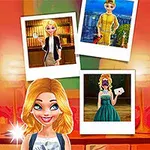 Üç farklı kıyafetle poz veren sarışın bir kadın ve arka planda üç renkli polaroid fotoğraf