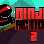 Kırmızı bantlı siyah kıyafetli bir ninja, arka planda dağlarla ve büyük Ninja Action 2 yazısıyla görülüyor