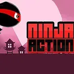 Kırmızı kuşaklı siyah bir ninja, pembe bir arka planda Japon tarzı binaların üzerinde süzülüyor; sağda Ninja Action yazısı yer alıyor