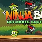 Yeşil ormanda bir ninja ve çevresinde dört küçük, sevimli yaratık bulunan renkli bir illüstrasyon