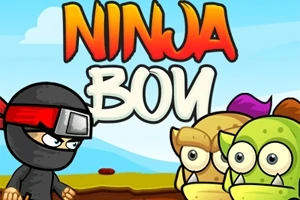 Siyah giysili ve kırmızı bantlı bir ninja, karikatür tarzı yaratıkların karşısında duruyor; üstte Ninja Boy yazısı yer alıyor