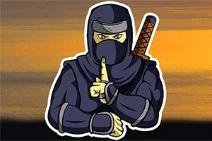 Karanlık giysiler içerisinde, kılıç taşıyan bir ninja parmağıyla sessiz işareti yapıyor