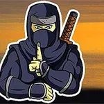 Karanlık giysiler içerisinde, kılıç taşıyan bir ninja parmağıyla sessiz işareti yapıyor