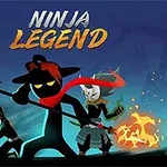 Karanlık bir arka plan önünde, siluet tarzında stilize edilmiş üç ninja karakteri, biri mızrak tutuyor, diğeri ateşli bir topa sahip, başlarının üstünde Ninja Legend yazısı